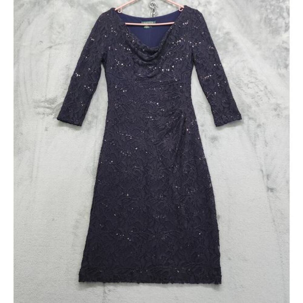 Ralph Lauren Dress Womens 6 Blue Sequin Lace Cowl Neck 3/4 Sleeves‎ Sheath Party